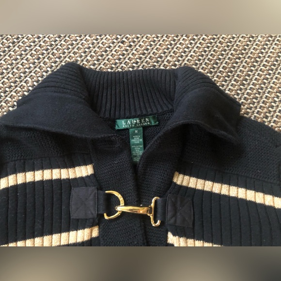 Lauren Ralph Lauren Black &Metallic Gold Striped Collared Latch Thick Knit Swtr - Picture 4 of 12